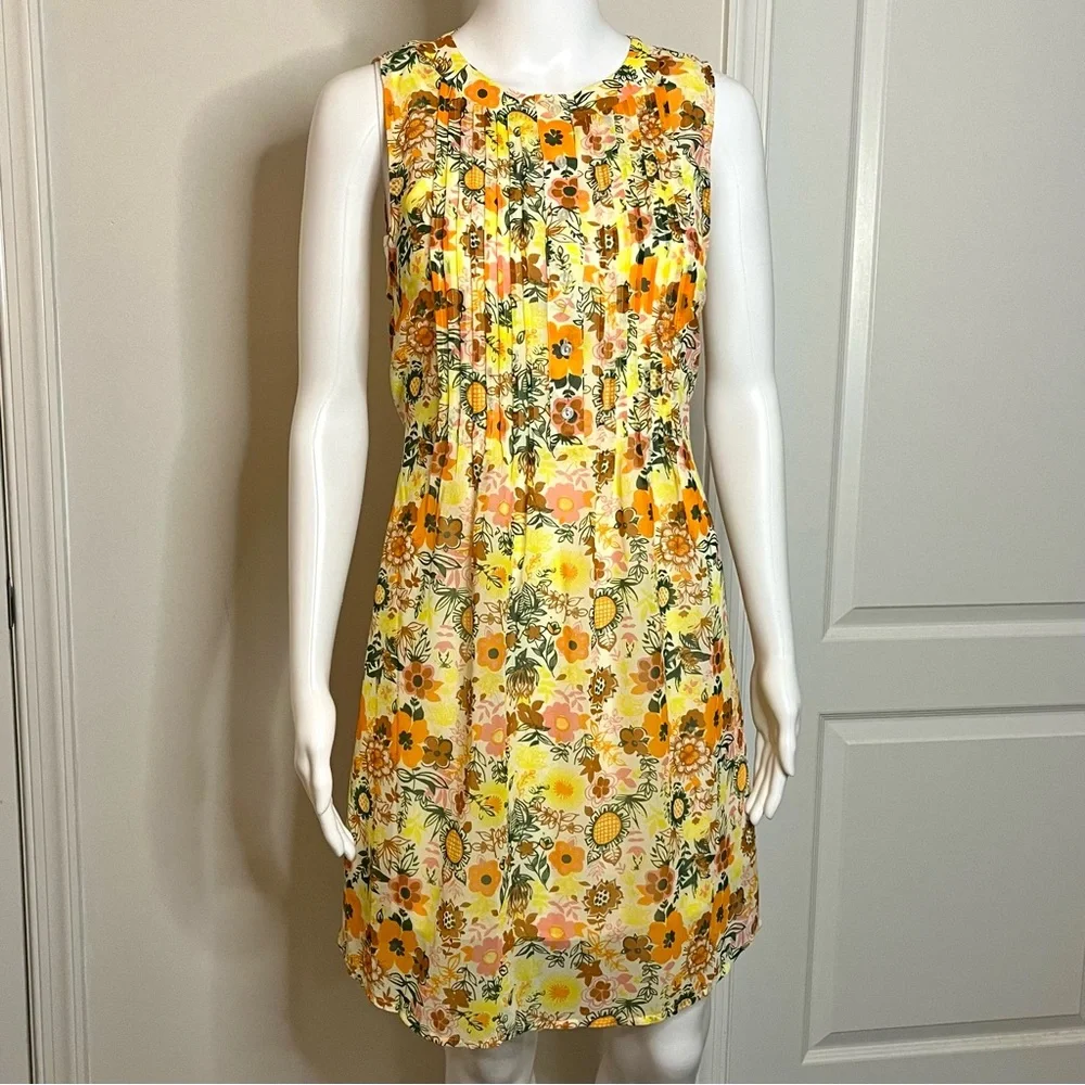 ModCloth S Buttercup Retro Floral Print Chiffon Pleated Shift Dress EUC 60s Mod - Picture 1 of 12